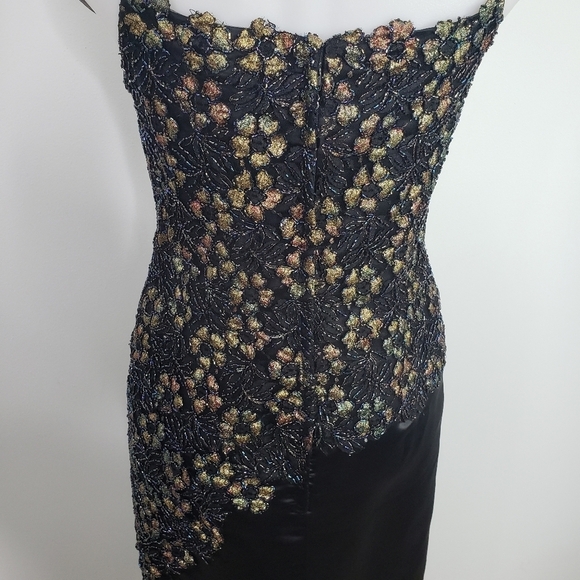 Menekshe black silk gown beaded appliqué formal - Picture 7 of 11